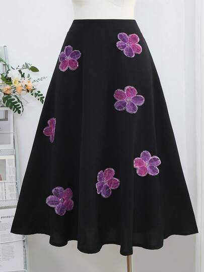 Modelyn Minimalist Solid Color Applique A-Line Plus Size Skirt, Spring/Summer