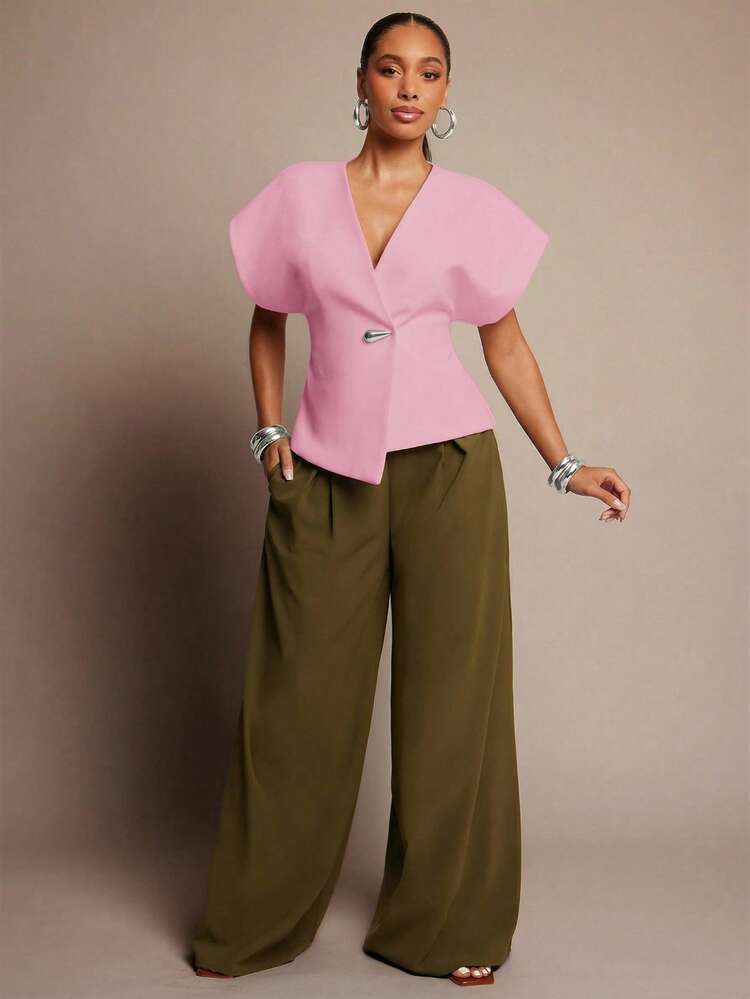 SHEIN x Tata & Beatriz Vixey Solid Textured Woven Asymmetrical Hem