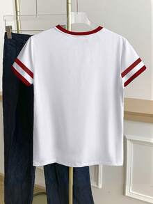 Resyla Women's Color Block Cherry Embroidery Short Sleeve Casual Round Neck T-Shirt - White - View 2