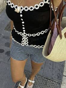 Siren Gaze Pantalones cortos elásticos de cintura con rayas para mujer, pantalones cortos casuales para la playa, conjunto de pantalones cortos de traje de baño, pantalones cortos de punto, conjunto de dos piezas con pantalones cortos a rayas, pantalones cortos de mujer, conjunto de dos piezas, pantalones cortos de mujer, atuendo de verano de mujer, pantalones cortos de mujer, pantalones cortos casuales de verano - Multicolor - Ver 7