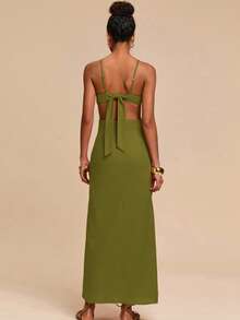 Travachic 度假休闲花瓣露背吊带连衣裙，立体花朵，度假风，女士度假装扮，女士度假套装，海滩度假装扮，女士夏季套装，女士夏季连衣裙，女士连衣裙，夏季连衣裙 - 橄欖綠 - 查看 2