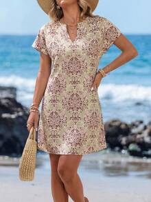 Sylviya Summer Allover Print Notched Neck Batwing Sleeve Tunic Dress - Dusty Pink - View 4