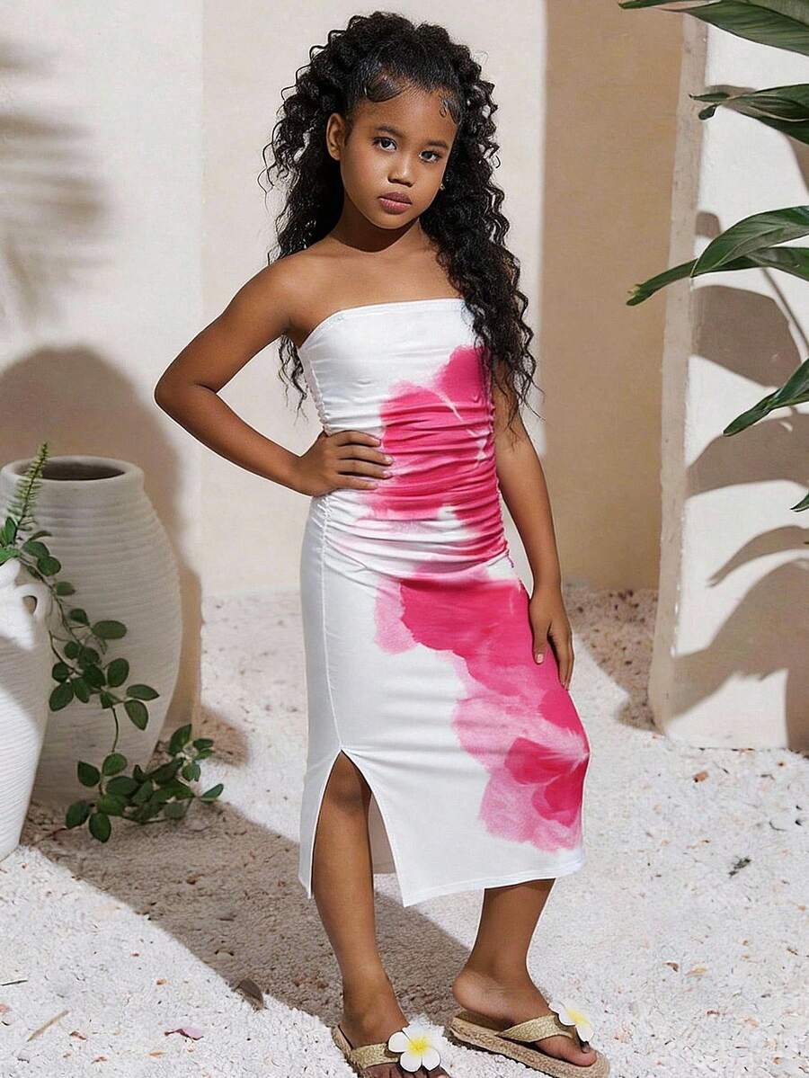 SHEIN 少女碎花针织可拆卸肩带修身连衣裙 - 彩色 - 查看 1