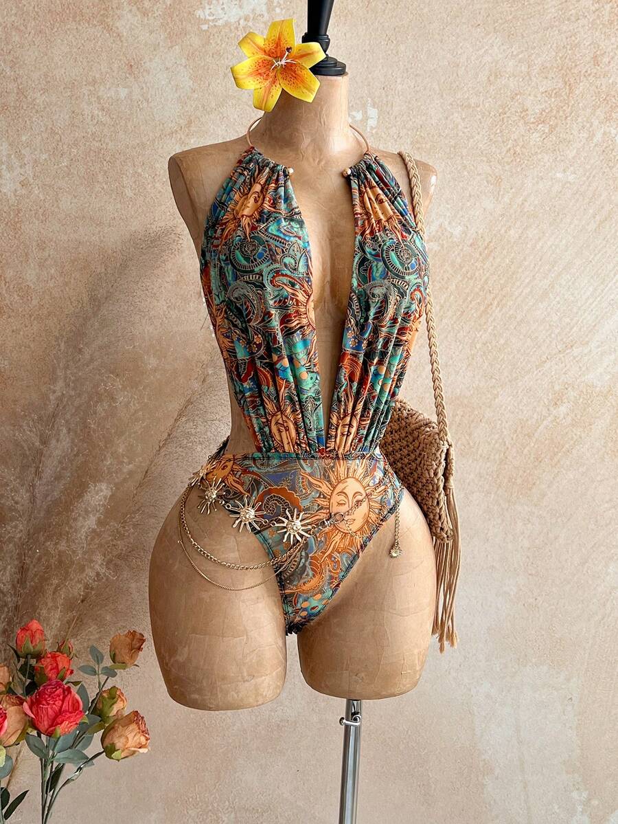 Soleia Women's Vacation Sun Face Print Plunging Neck Sexy Fashionable Bodysuit - Multicolor - View 1