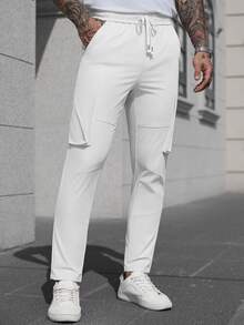 Manfinity CasualCool 男士白色斜插口袋抽绳腰休闲裤，春夏款 - 白色 - 查看 5