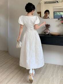 Dazy Tall 高个女士优雅收腰泡泡袖长连衣裙，白色，纹理面料吊带裙 - 白色 - 查看 3