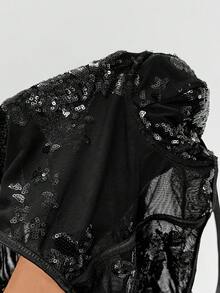 SHEIN PETITE Women's Black Floral Sequin Embroidery Stretch See-Through Bodysuit/Holiday Jumpsuits/Music Festival Outfits/Elegant And Simple Jumpsuits,Halloween - Black - View 12