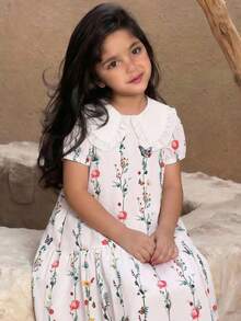 Emery Rose Kids 少女可爱休闲泡泡袖彼得潘领拼接连衣裙，领口饰有蝴蝶结 - 白色 - 查看 1