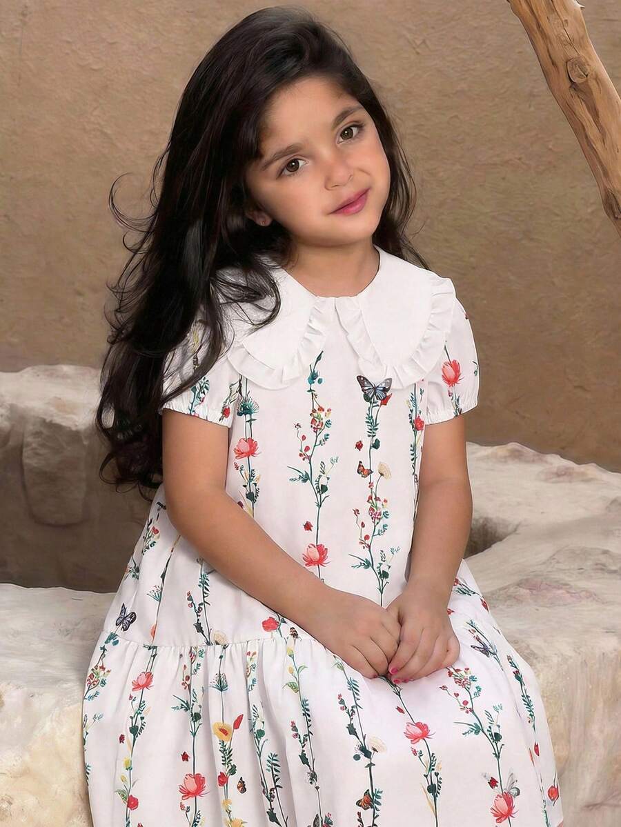 Emery Rose Kids 少女可爱休闲泡泡袖彼得潘领拼接连衣裙，领口饰有蝴蝶结 - 白色 - 查看 1