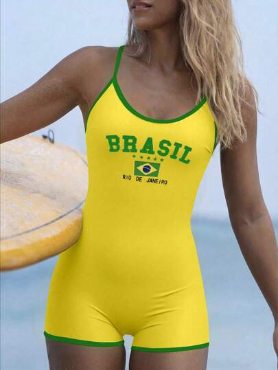 Swim SPRTY Conjunto de Praia Feminino, Padrão com Elementos da Bandeira do Brasil, Contraste de Cores Amarelo e Verde, Design Sexy de Decote em U e Costas Abertas, Maiô Esportivo Sexy e Casual para Férias, Roupa de Surfe