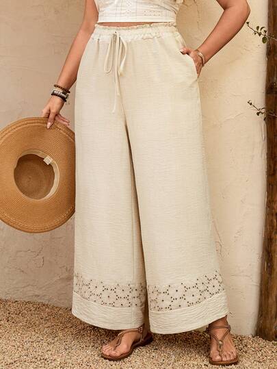 Breezaya Quần dài nữ cỡ lớn dáng rộng thoải mái kiểu Bohemian thêu họa tiết ghép mảnh, cạp chun, phong cách lãng mạn thanh lịch, thích hợp cho đi biển, du lịch, mặc hàng ngày, mùa xuân/hè.