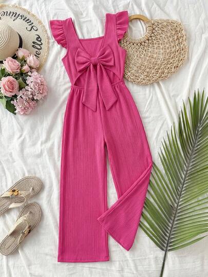 SHEIN ChillGRL Mono de manga abullonada, escote cuadrado y diseño espalda descubierta con lazo, estilo elegante y dulce para niñas, ideal para uso casual, de primavera/verano, paseos, fiestas y salidas