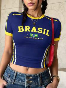 DrmWander Y2K Brazil Top, Crop Top, Brasil Tee, 2000s Aesthetic,Brazil Women's Fitted T-Shirt - Navy Blue - View 4