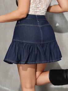 SHEIN Tall 女士高腰带口袋荷叶边下摆休闲牛仔裙 - 深色水洗藍 - 查看 5