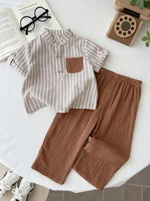 LMoss Kids Baby Boy Casual Button Half-Placket Pocket Striped Short Sleeve Shirt And Pants Set - Multicolor - View 1