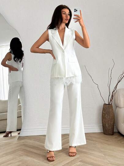 EURMUSE Women, Spring, Summer, Blazer, Sleeveless, Loose Fit, White, Lace, Elegant, White Sleeveless Blazer, Lace Hem Vest, Lace Trim Blazer, Women's Sleeveless Blazer, Sleeveless Blazer Jacket, White Lace Trim Vest, Tailored Longline Vest, Longline Sleeveless Blazer, Elegant Sleeveless Blazer, Feminine Lace Hem Jacket, Sleeveless Blazer With Pockets, Single Button Sleeveless Blazer, Bridal Reception Blazer, Wedding Guest Sleeveless Blazer,