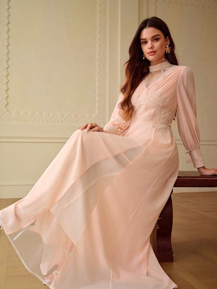 ZEYLAH 优雅浪漫腰部刺绣连衣裙，春夏款 - 珊瑚粉 - 查看 1