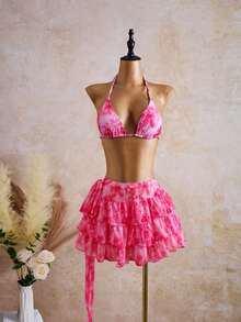 Bellisia Bộ đồ bơi 3 món dành cho nữ, họa tiết hoa màu cam và hồng, kiểu váy xòe. - Màu Hồng baby - Xem 1