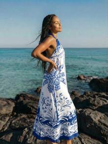 CAJUNI 宽松飘逸的蓝白印花连衣裙，适合夏季休闲/度假穿着 - 藍色 - 查看 3