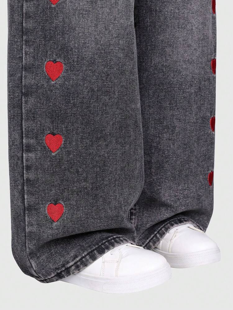Jeans a gamba dritta con vestibilità morbida e ricamo a forma di cuore, nuova moda per ragazze - nero - Visualizzare 5