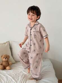 DAZY 小男孩卡通熊单排扣短袖上衣和裤子睡衣套装 - 卡其色 - 查看 6