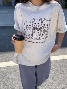 DAZY Women's Retro Cute Bow Tie Cat Short Sleeve Loose Cotton Casual T-Shirt - Grey - View 3