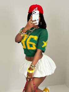 SHEIN BamGlam 女士针织短袖圆领黄绿撞色数字星形提花简约休闲复古街头风毛衣 - 軍綠色 - 查看 7