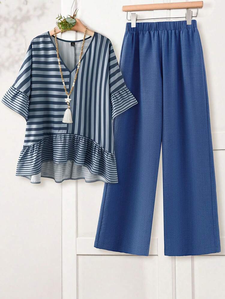 Plus Size Women Asymmetric Striped Shirt And Pants Set, Summer Outfit For Women,Spring Outfit,Holiday Outfits For Women,Casual Sets For Women,Going Out Outfits Women's Sets For Summer Women's Spring Sets Wide Leg Pants Set Stripe Set Pants And Top Set Outfit For Women Set Casual Outfits For Women Sets Outfit Sets Women Summer Santorini Outfit For Women Sewing Patterns For Women Clothing Women S Summer Outfits Women Vacation Outfit Sets Striped Top And Pants Set Women Outfits Sets Women Casual Outfits