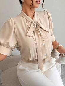 Elenzga Plus-Size Women's Tie-Waist Elegant Blouse For Spring And Summer, Suitable For Women's Office Wear. - Apricot - View 1