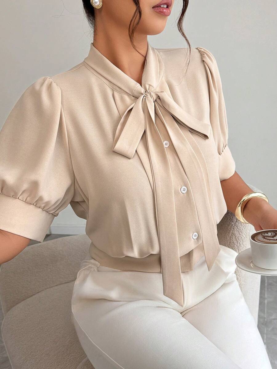 Elenzga Plus-Size Women's Tie-Waist Elegant Blouse For Spring And Summer, Suitable For Women's Office Wear. - Apricot - View 1