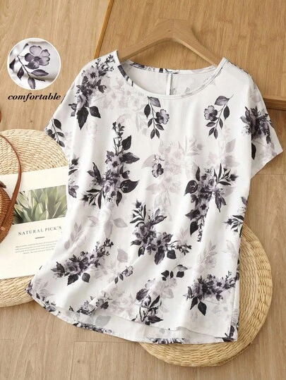 Rusticease Floral Print Romantic Casual Women Round Neck Short Sleeve T-Shirt, Summer Tops Summer Tops Elegant Women's Blouses  Casual Flower Blouse For Women  Holiday Outfits For Women Tops For Going Out
