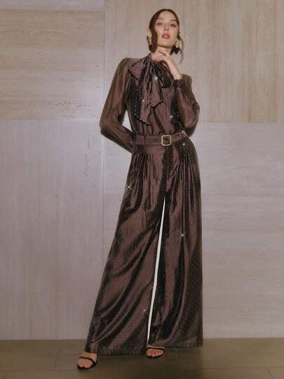 Anewsta 优雅派对装扮：咖啡色法式雪纺长袖系带衬衫，搭配宽松水钻阔腿裤，裤腰可调节。