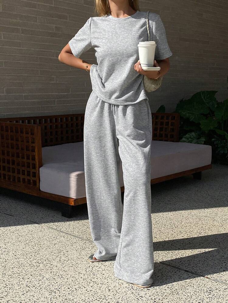Women's Casual Solid Color Short Sleeve T-Shirt And Pants 2 Pieces Set, Summer