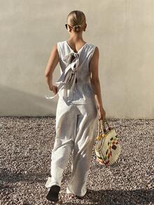 DAZY Women's Casual Round Neck Tie Strap Tank Top And Wide Leg Pants 2 Pieces Set, Summer - Apricot - View 4