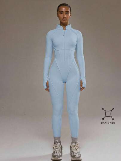 Musera Sport Contrast Piping Zip Through Open Back Fitted Long Sleeve Jumpsuit Padel Autumn Fall Winter Activewear Sport Gym Workout