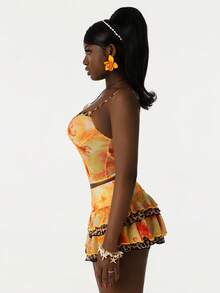 Amplova 2026早春花卉豹纹低胸上衣，低腰A字裙，女士两件套 - 彩色 - 查看 8