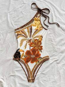 Soleia 新款休闲度假西部海滩婚礼宾客着装毕业早午餐女士圣帕特里克节春假复活节音乐节优雅波西米亚热带风情优雅巴西热带印花系带连体衣 - 棕色 - 查看 2