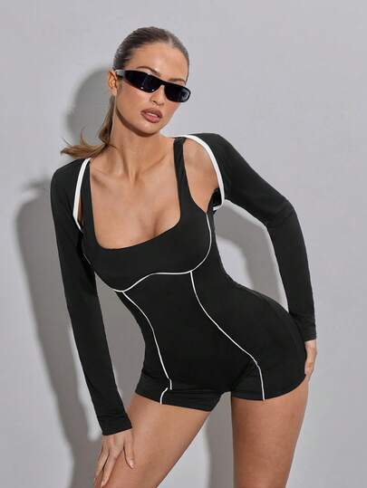 SHEIN ICON Tuta da donna con scollo quadrato, senza maniche e con schiena scoperta, con bordi a contrasto