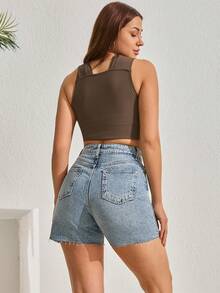SHEIN 高腰女士牛仔中度水洗蓝色休闲短款 - 中等水洗藍 - 查看 2