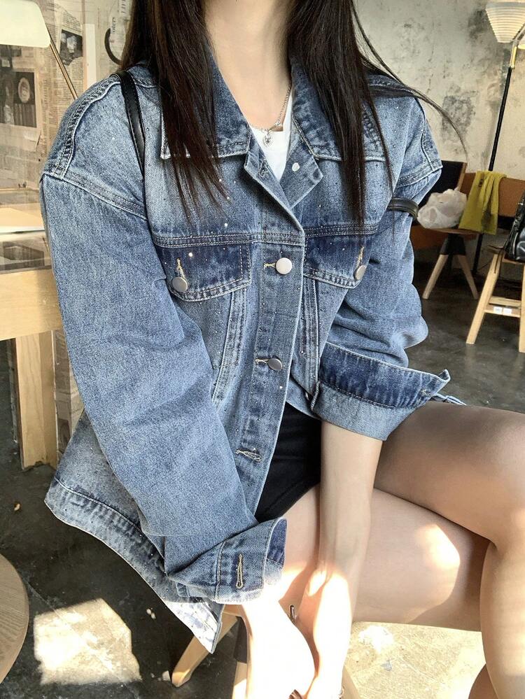 Women's Turndown Collar Rhinestone Embellished Long Sleeve Washed Casual Denim Blouse