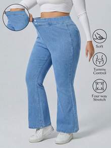 Flexra Plus Size Casual Washed High Waist Flare Jeans - Blue - View 1