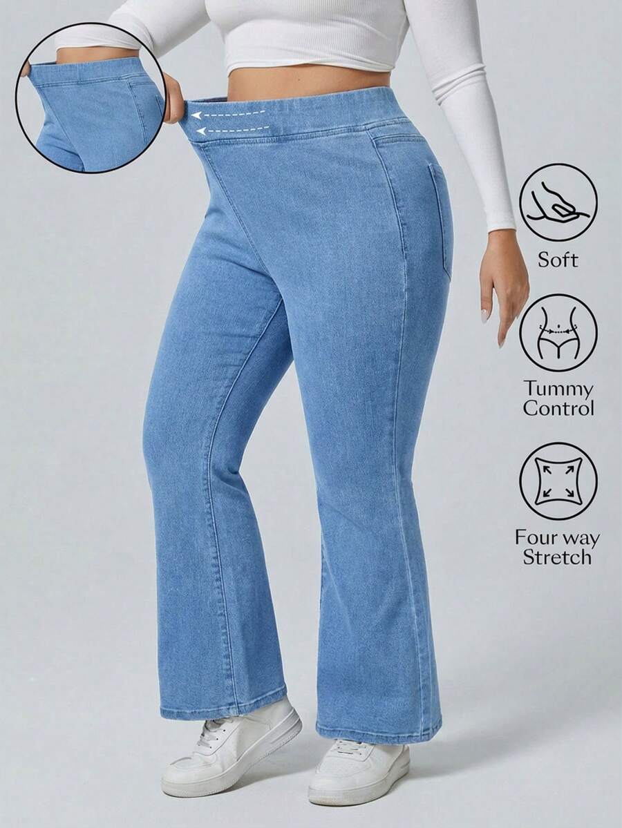 Flexra Plus Size Casual Washed High Waist Flare Jeans - Blue - View 1