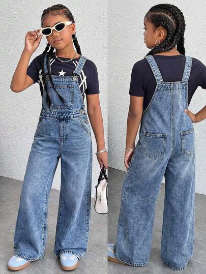 Tween Girls Y2K Trending Casual Mångsidig Enfärgad Retro Tvättade Suspenderbyxor Casual Vida Ben Jumpsuit Ärmlös Denim Overaller Romper Utan T-shirt, Flickors Vår Sommarlov Outfits, Sommarkonsert Rave Festival Baggy Shorts Streetwear Outfits, Outfits Tillbaka Till Skolan
