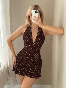 Sweetina Đầm ngắn cổ chữ V sâu, chấm bi đen trắng, phong cách retro, thích hợp cho kỳ nghỉ. - Cà phê - Xem 5