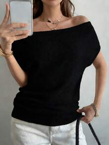 DAZY 女士优雅不对称肩部短袖毛衣 - 黑色 - 查看 2