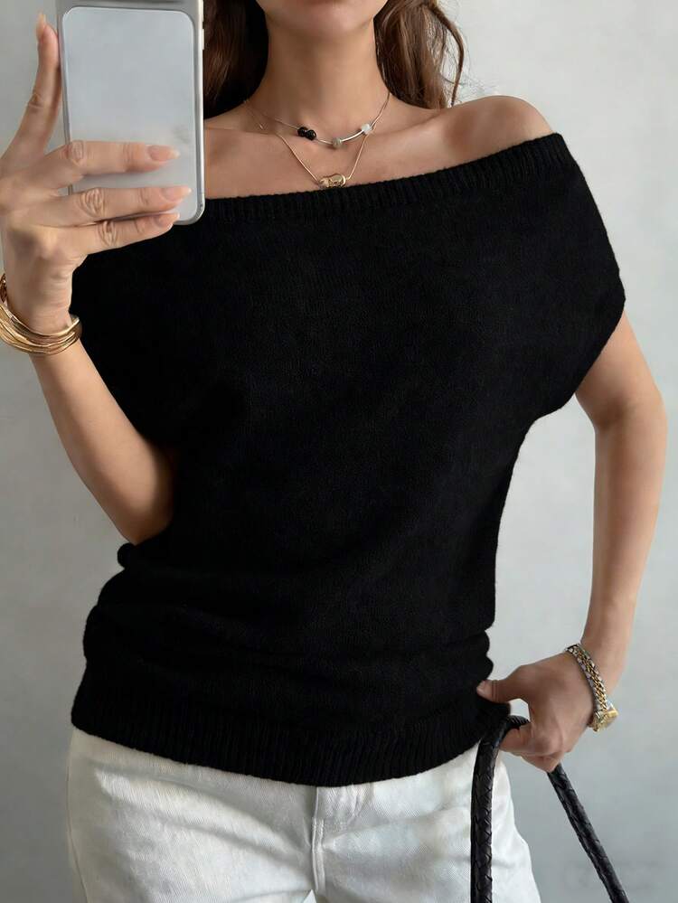Women's Elegant Asymmetrical Shoulder Short Sleeve Sweater Off The Shoulder