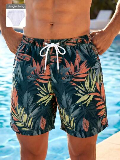 VIVINTIMO 男式植物印花抽绳腰口袋休闲沙滩短裤