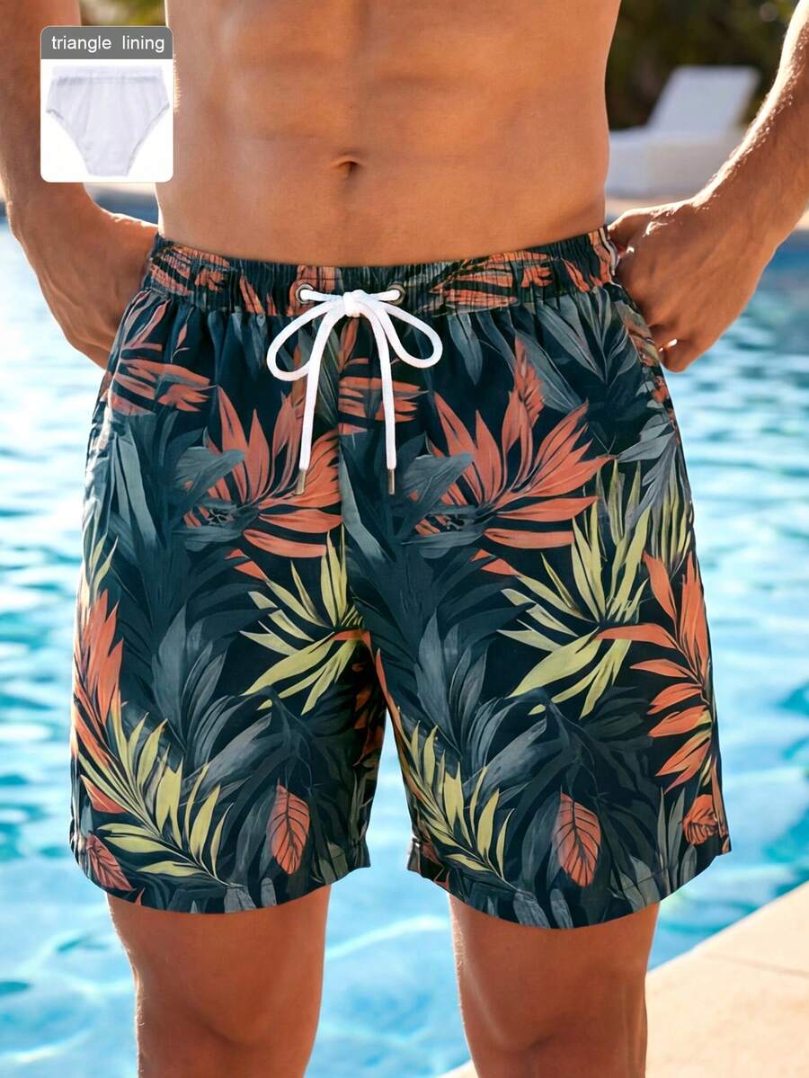 VIVINTIMO 男式植物印花抽绳腰口袋休闲沙滩短裤 - 墨綠色 - 查看 1