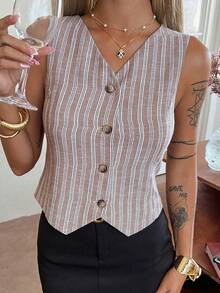 DAZY Áo blazer nữ cổ chữ V không tay, dáng ôm, kẻ sọc, thích hợp mặc mùa hè. - Xám - Xem 5