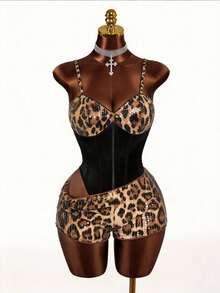 BamGleam Women's Summer Leopard Print Patchwork Bodysuit - Black - View 1
